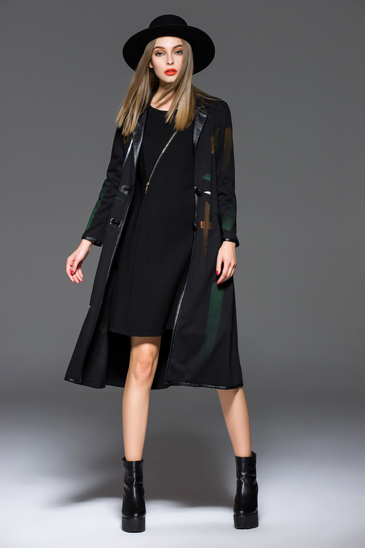灵寇*2015秋季女装欧洲站拼皮西装领修身加长款开衫风衣 黑色 xl