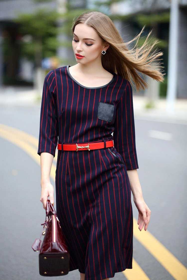 牵秀女装店*2016欧洲站春冬新款欧美高端女装圆领七分袖条纹中长款