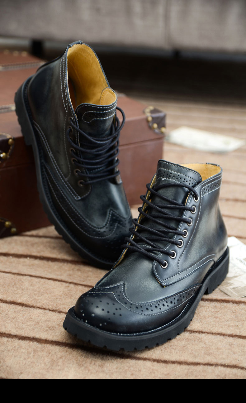 smuedu专柜新款真牛皮男靴英伦潮流男士皮靴中筒时尚耐磨男靴7510