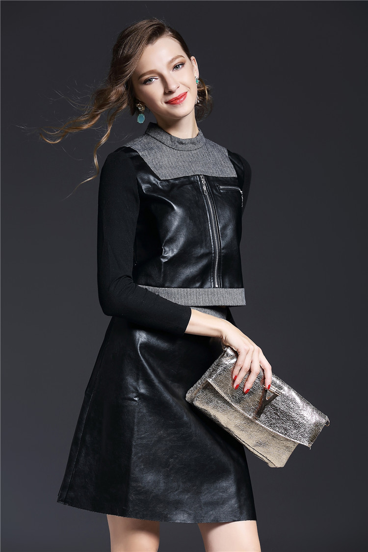 弘苹果*a5945秋装新款皮衣女套装短款修身皮夹克显瘦
