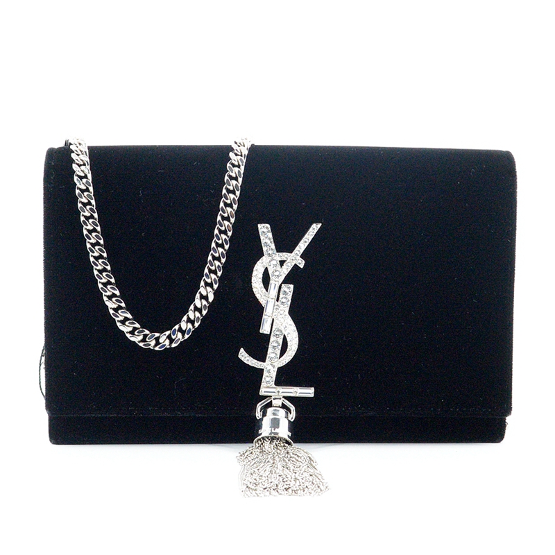 【二手99新】未使用ysl圣罗兰 slp 黑色 天鹅绒 闪钻 流苏单肩包