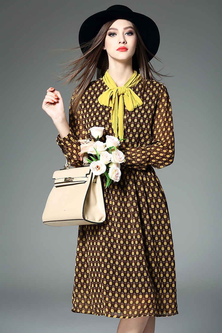 小主2016春季欧美高端女装 苹果印花雪纺长袖连衣裙 绿苹果 s