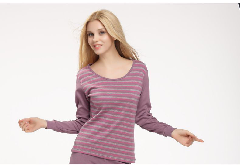 lnnzqz 2016春季新品长袖保暖内衣套装条纹圆领彩棉秋衣秋裤3691 紫色