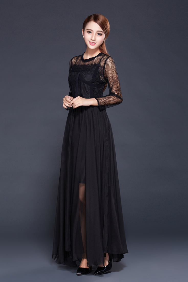 小主欧洲站2015秋季新款女装高端礼服裙雪纺长袖圆领气质修身连衣长裙