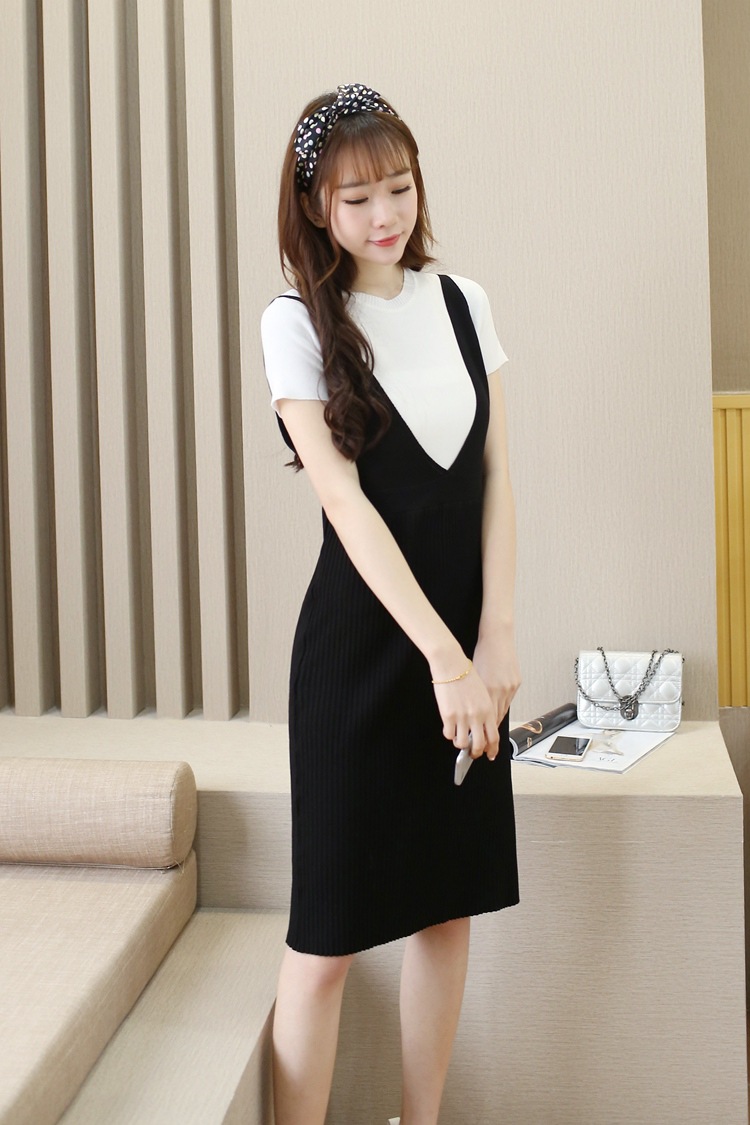 夏季修身潮流女连衣裙韩版女装裙子夏款 上衣白裙黑 均码