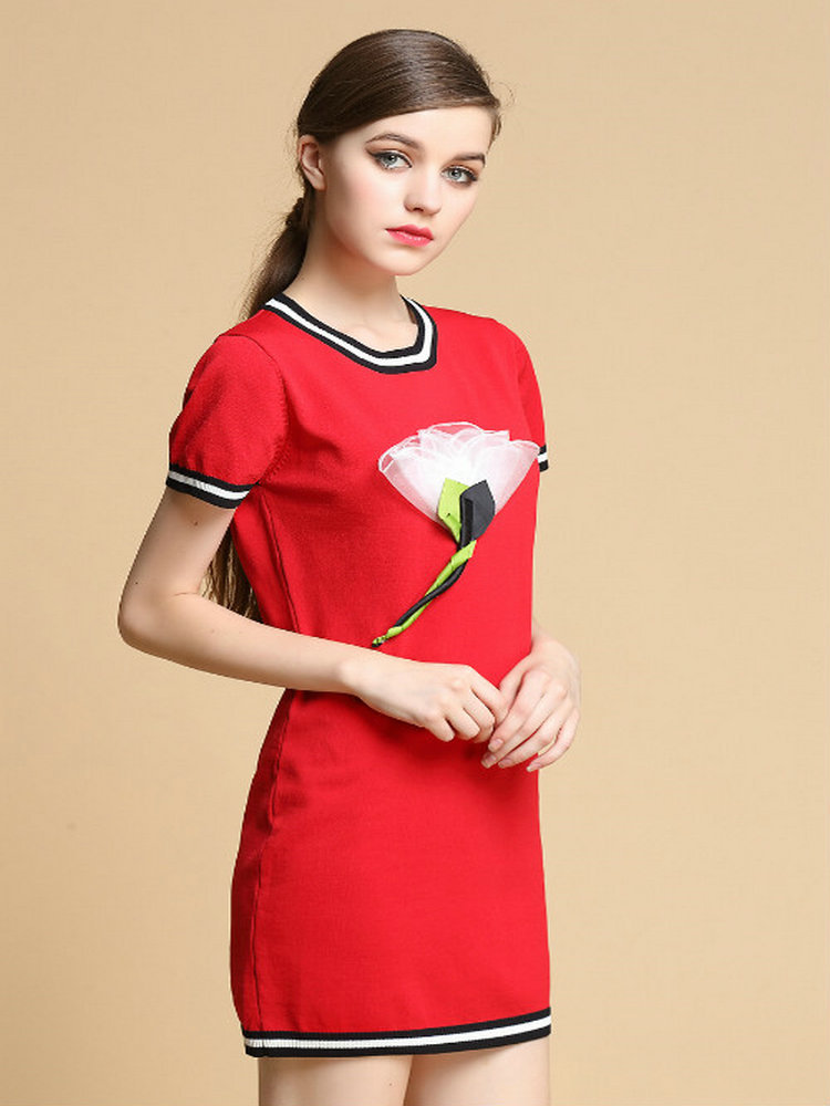 小主欧洲站2015秋季新款女装 欧美时尚气质拼贴一枝花针织连衣裙 黑色