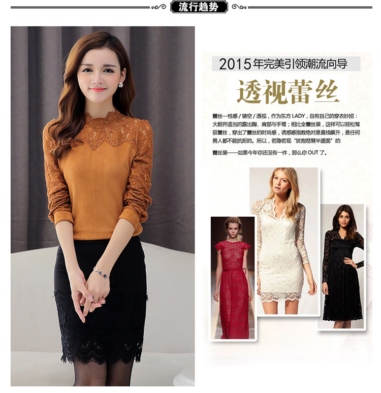 珂琊妮店2015秋冬新款女装黑色长袖高领蕾丝打底衫高领纱网修身显瘦蕾丝衫 黑色 M