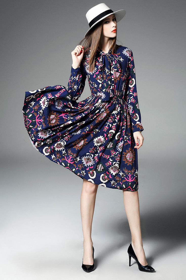 小主2016夏季欧美新款印花连衣裙修身不规则中长裙全棉女裙 藏蓝色 l