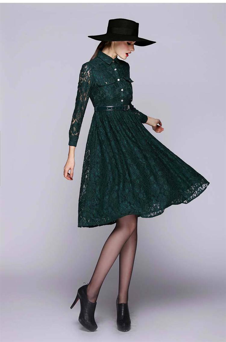 牵秀服装店*2015秋冬新款 优雅性感蕾丝收腰中长款连衣裙 y17l57