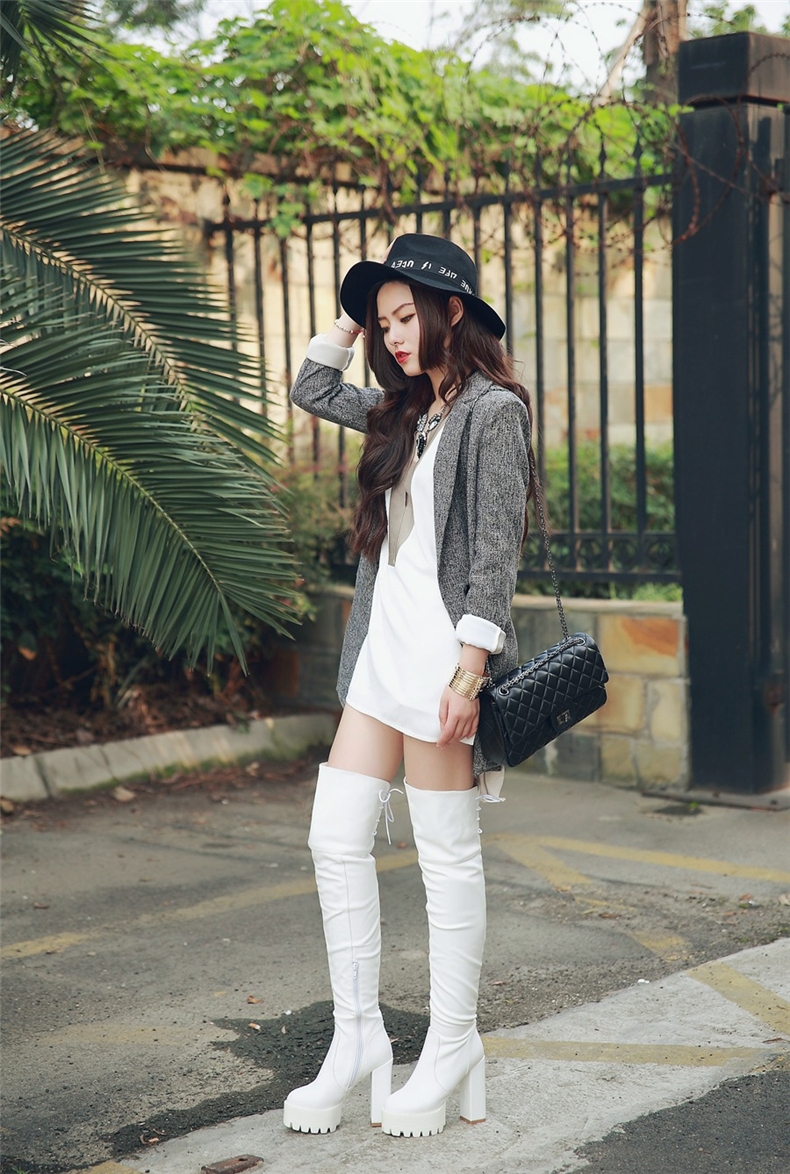 欧美秋冬新款粗跟超高跟防水台过膝骑士靴后绑带显瘦性感长靴女靴