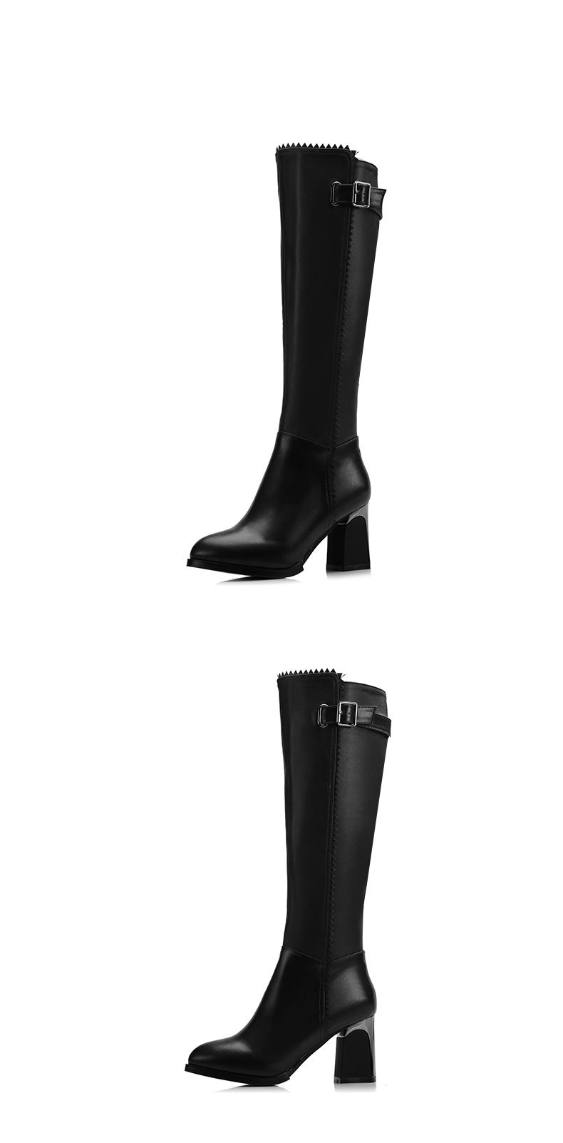 znvc 秋冬季新款高跟高筒粗跟长筒女靴侧拉链时尚擦色皮鞋女0136 黑色