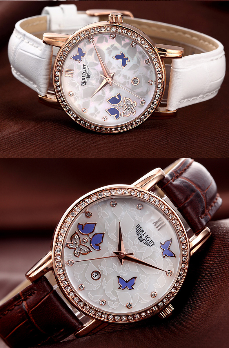 宝丽爵(berliget)时尚女士手表镶钻皮带表女石英防水手表女腕表石英表