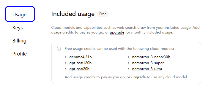 Ollama Usage 页面的免费模型列表