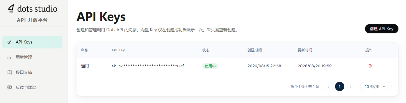 Dots API 的 API Key 管理页面