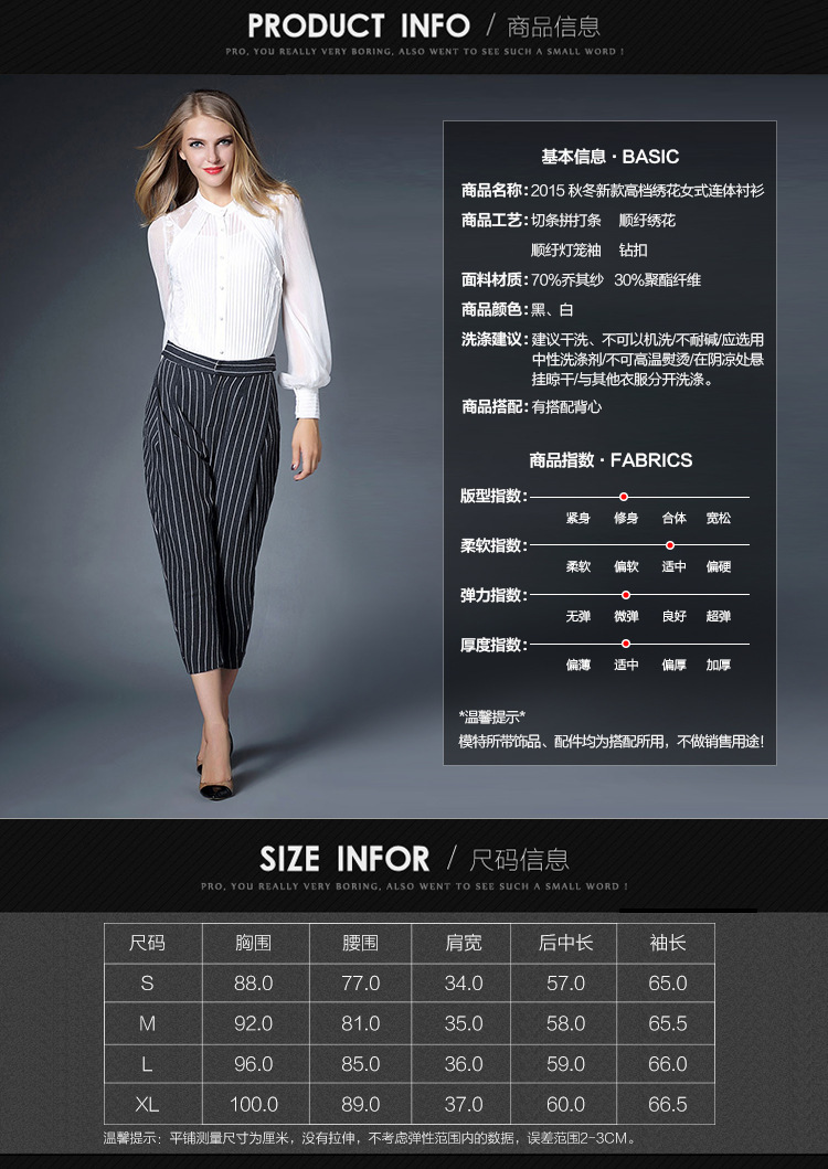 锐彧服饰欧洲站2015秋冬新款OL绣花女式连体衬衫 修身显瘦女装衬衣上衣 白色 S