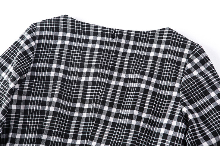 哈密2016春装新款 欧美大牌经典格子七分灯笼袖连衣裙大码女装 灰白格