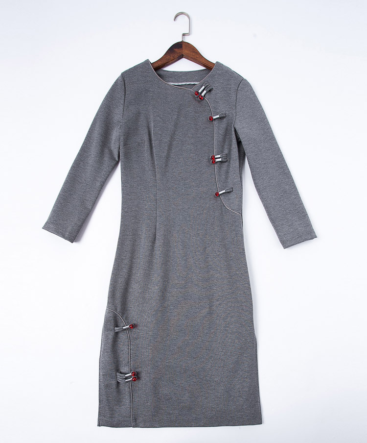哈密欧洲站高端女装秋冬新款罗马棉开叉改良旗袍裙打底连衣裙 灰色 xl