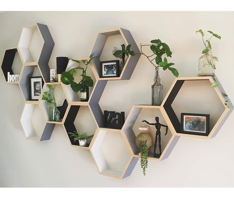 ins欧美风六边形架子蜂窝格子搁板 蜂窝造型背景墙六角框架子定制