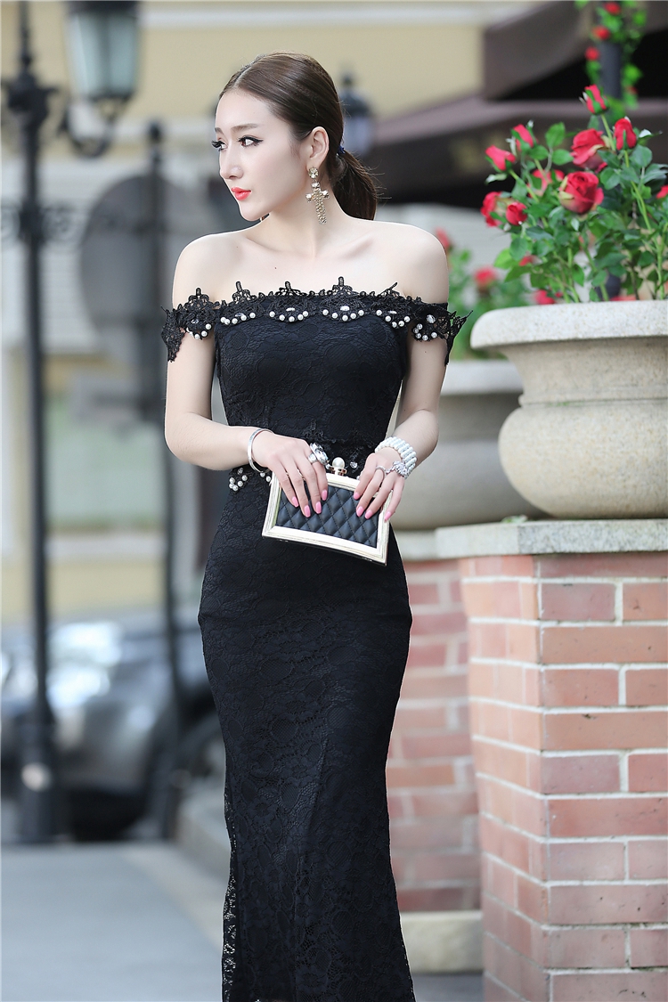 序蝶2016名媛一字领手工钉珠蕾丝镂空修身鱼尾晚礼服包臀连衣裙时尚