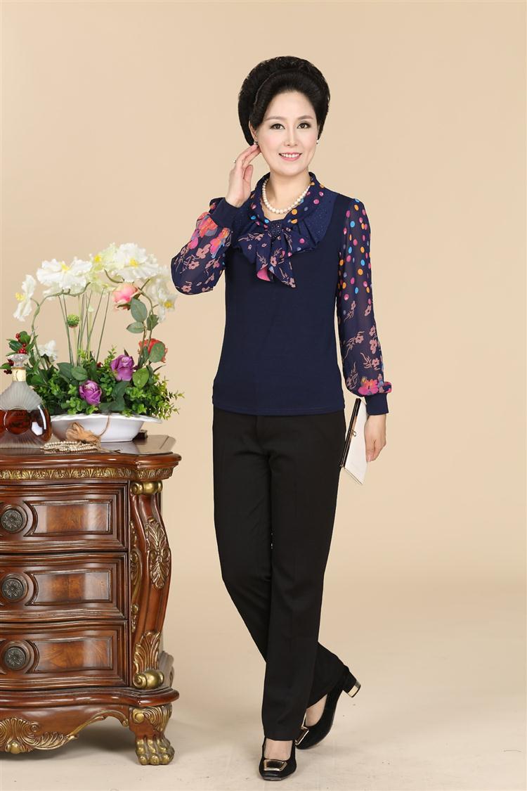 GENYARD2015中老年女装秋装新款雪纺印花长袖女妈妈装上衣 黑色 XXL