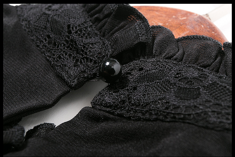 锐彧服饰欧洲站2015秋季新款修身性感女装蕾丝花边立领镂空小花长袖打底衫 黑色 L