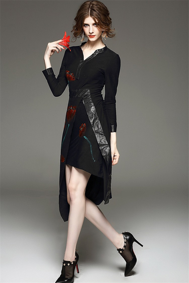 npvu2015秋冬新款舒适欧美女装拼接长袖印花燕尾套头连衣裙潮7435