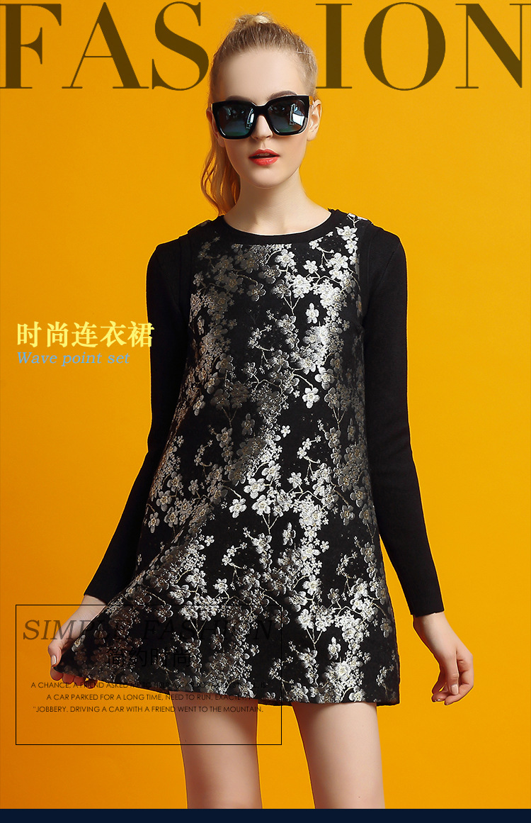 锐彧服饰欧洲站女装2015冬装新款时尚印花棉圆领长袖宽松腰a字裙