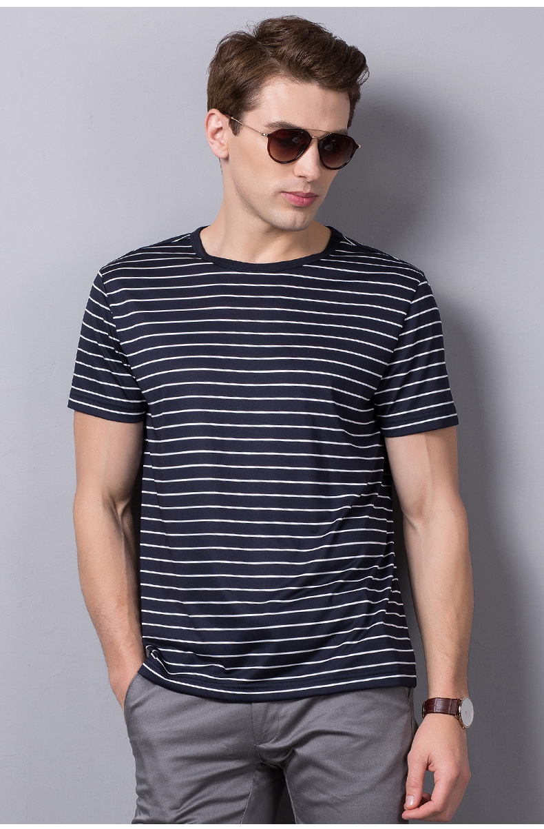 桑蚕丝短袖男圆领t恤真丝条纹男士半袖体恤中年爸爸冰丝夏装上衣藏青