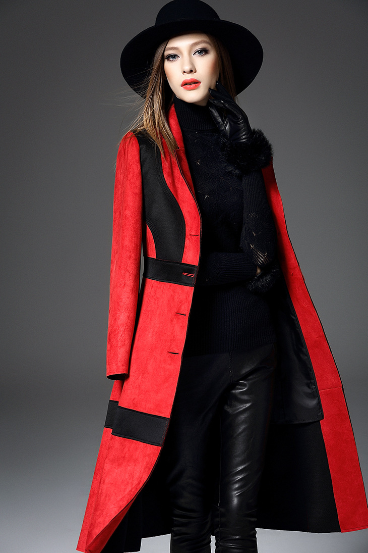 诺焕尔秋冬新款女欧美高端黑红撞色麂皮绒长款风衣 68423 红色 m