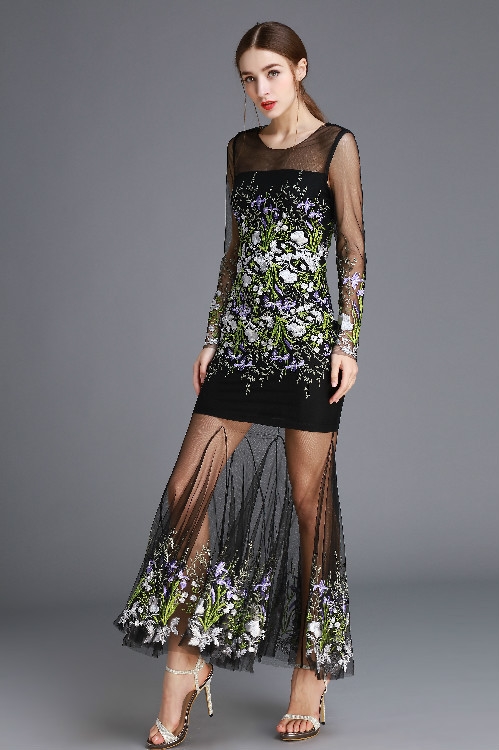 哈密欧洲站2016春夏新款女装走秀重工网纱绣花鱼尾连衣裙时尚高端长裙