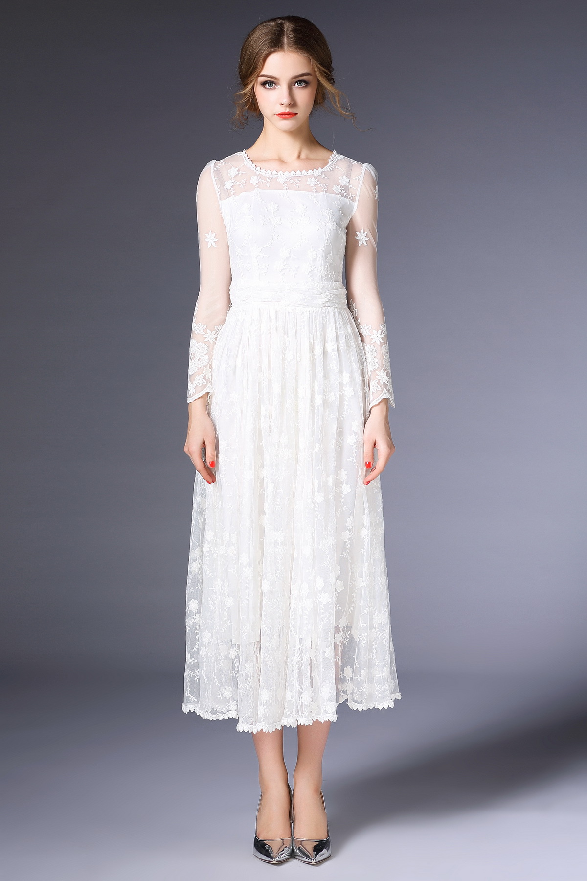 黑蝴蝶2016年春夏新款外贸女装圆领长袖网纱绣花大摆长裙 白色 m