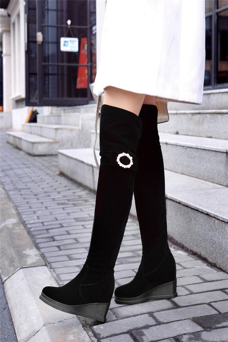 gtzu 黑色绒面磨砂性感平底过膝坡跟骑士靴显瘦长筒靴平底靴5346 黑色