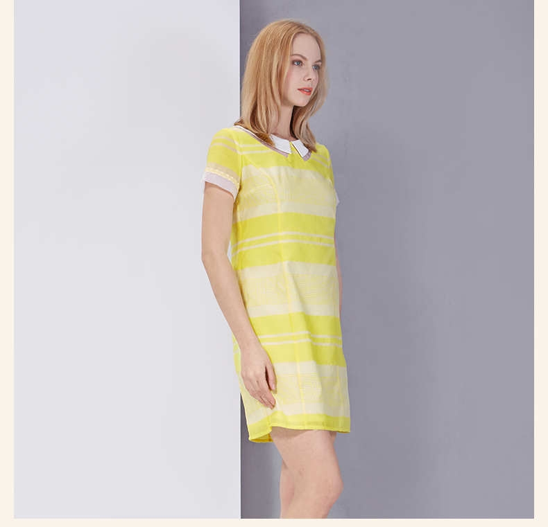 依瑶女装专柜正品夏款 甜美翻领条纹短袖修身连衣裙5485w 01黄色 7/s