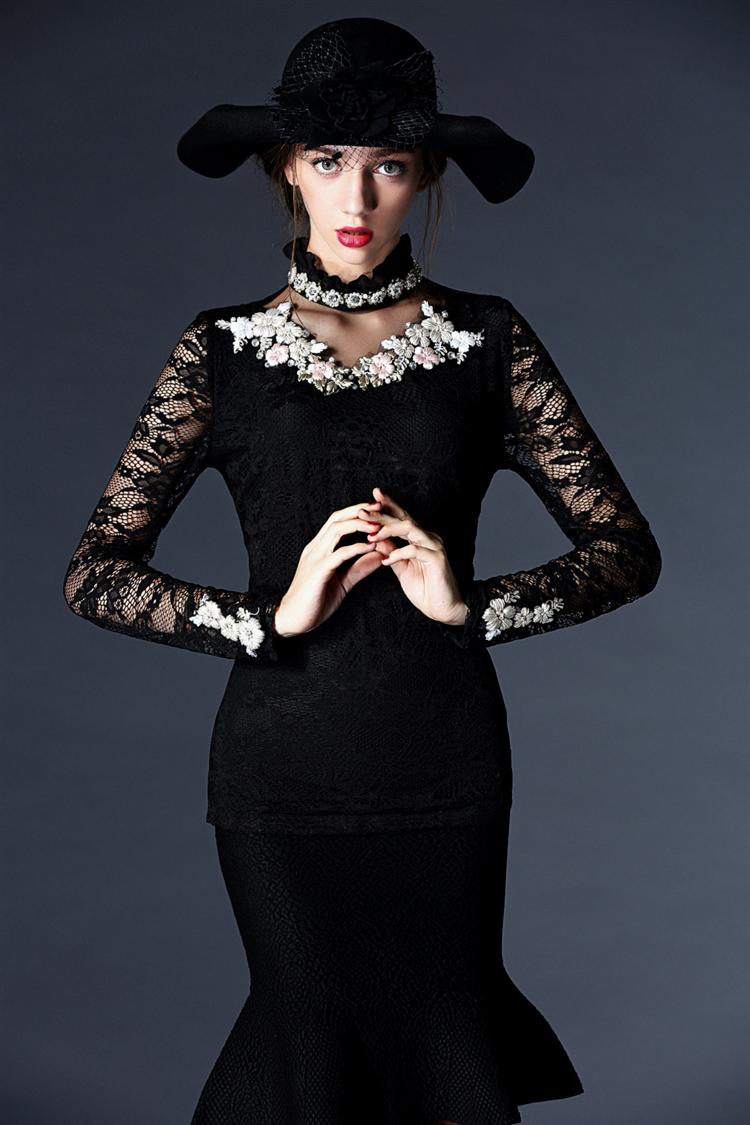 芮婕服装店*2015秋季名媛气质勾花镂空立领修身长袖蕾丝衫 黑色 xl