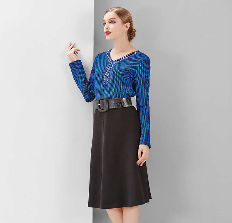 依瑶女装专柜正品秋冬款 圆点v领金丝环修身针织上衣5191b 01蓝色 11