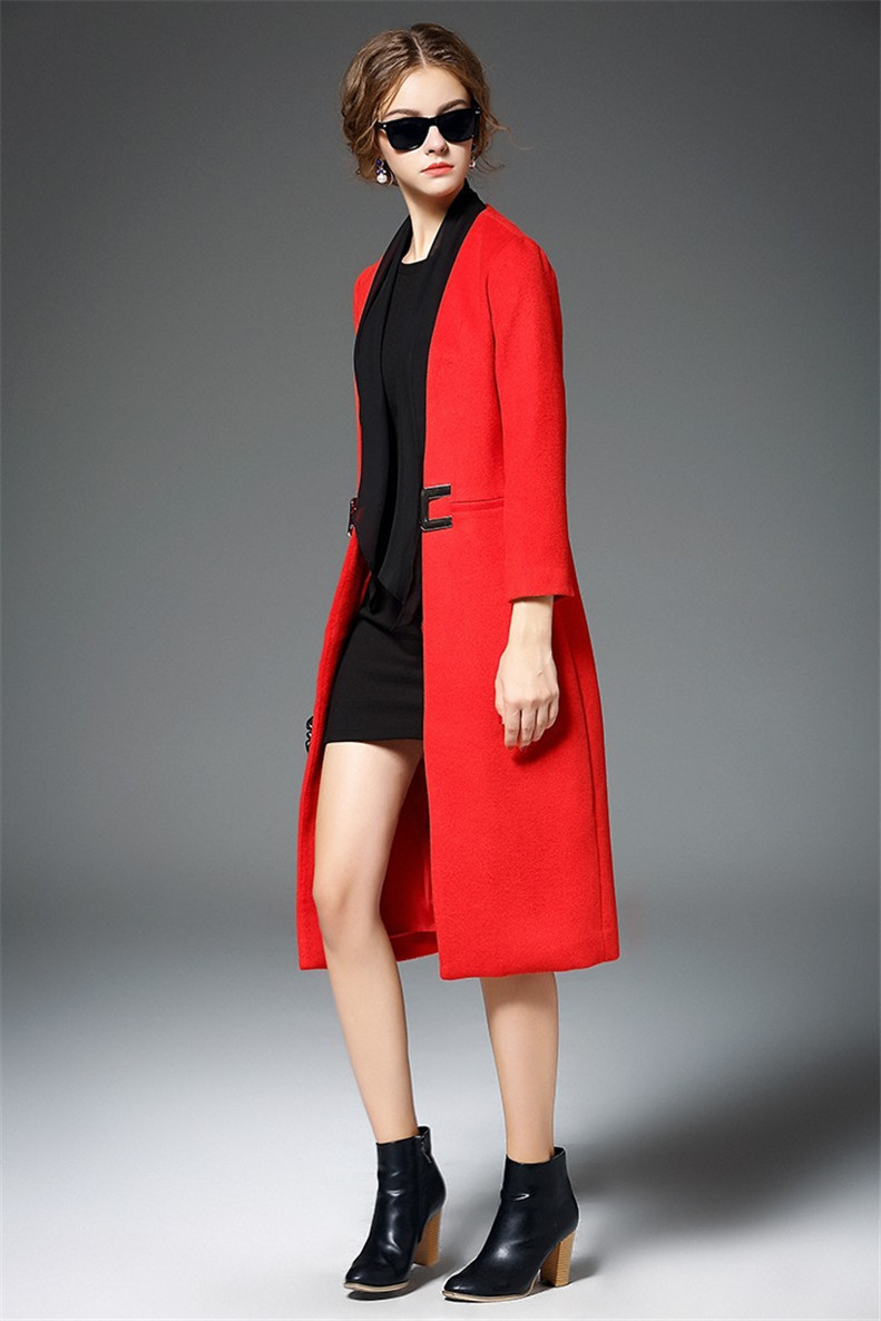 mvf 2015新款欧洲站纯色大气女装修身毛呢大衣中长款风衣外套9285