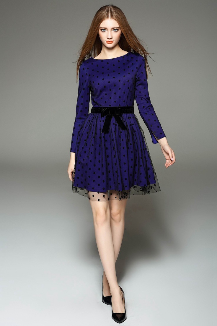 连衣裙 蓝雨蝶依 小主2016春季新款欧洲站时尚波点长袖蕾丝连衣裙蝴蝶