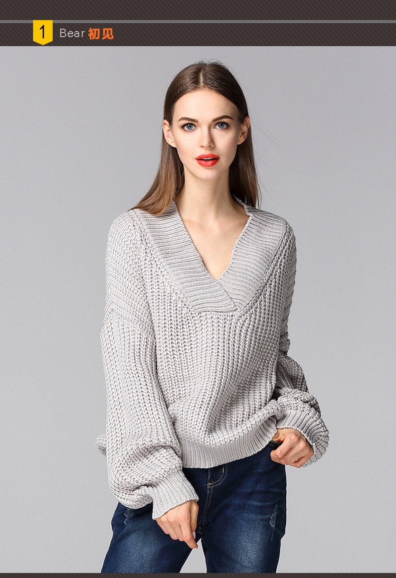 黑蝴蝶出口订单复古深v领针织衫宽松显瘦毛衣上衣女 套头衫p9660 灰色