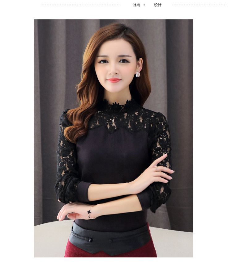 珂琊妮店2015秋冬新款女装黑色长袖高领蕾丝打底衫高领纱网修身显瘦蕾丝衫 黑色 M