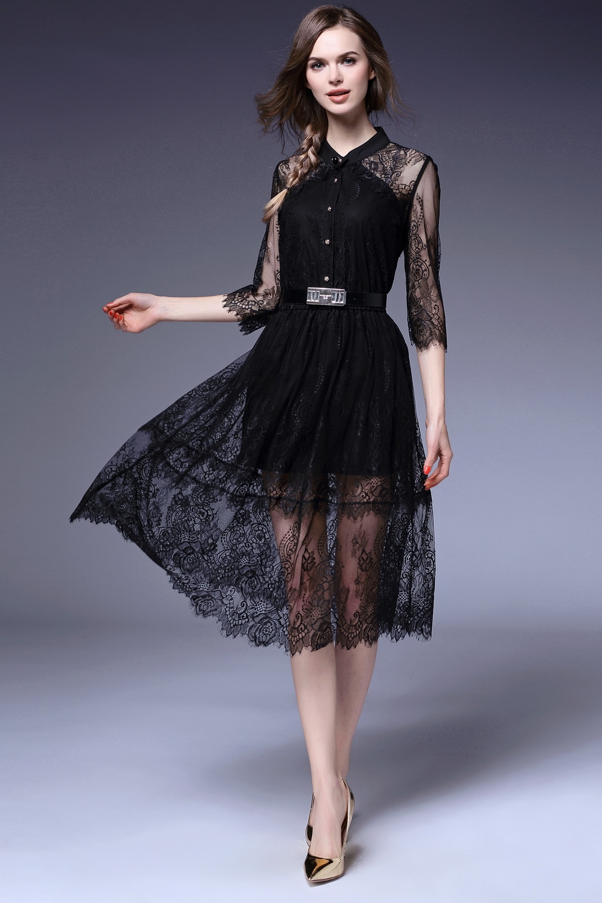 欧洲站2016春夏新款欧美女装 立领珍珠扣大摆蕾丝连衣裙60060 白色 xl