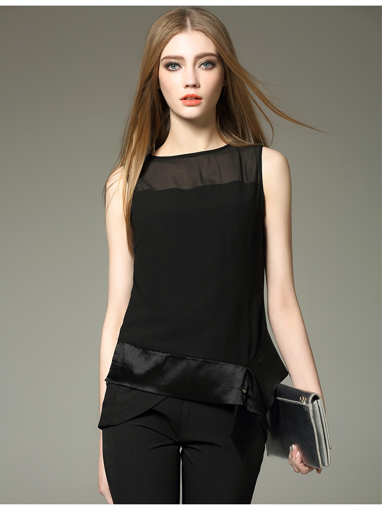 黑蝴蝶真丝无袖上衣衬衫2016春夏新款桑蚕丝夏装纯色打底衫衬衣女0499