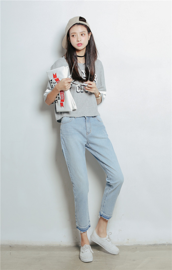 黑蝴蝶2016春夏季潮流新品韩版宽松浅色高腰aa直筒牛仔裤女微垮裤 浅