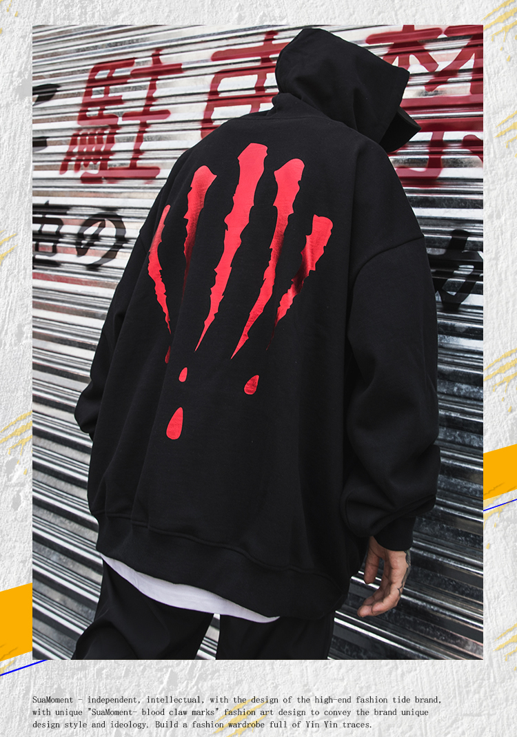 suamoment 三代血爪抓痕烫金连帽帽衫嘻哈宽松潮牌情侣卫衣男女同款