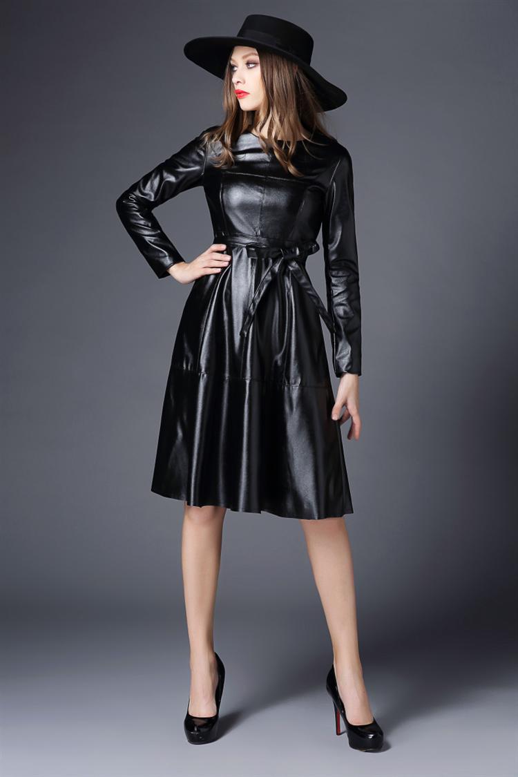 珂琊妮店2015秋冬新款欧美黑色显瘦皮裙圆领七分袖修身中款皮裙 黑色