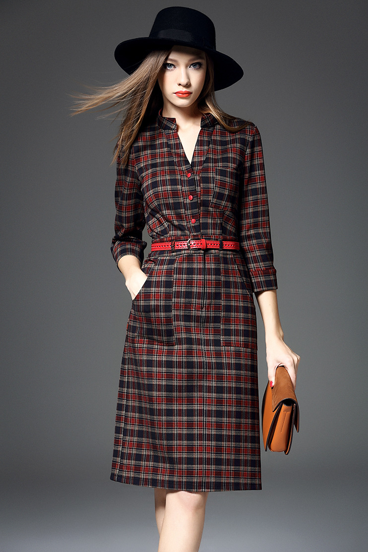 灵寇*欧美2015秋冬新款格子v领连衣裙 彩格 l