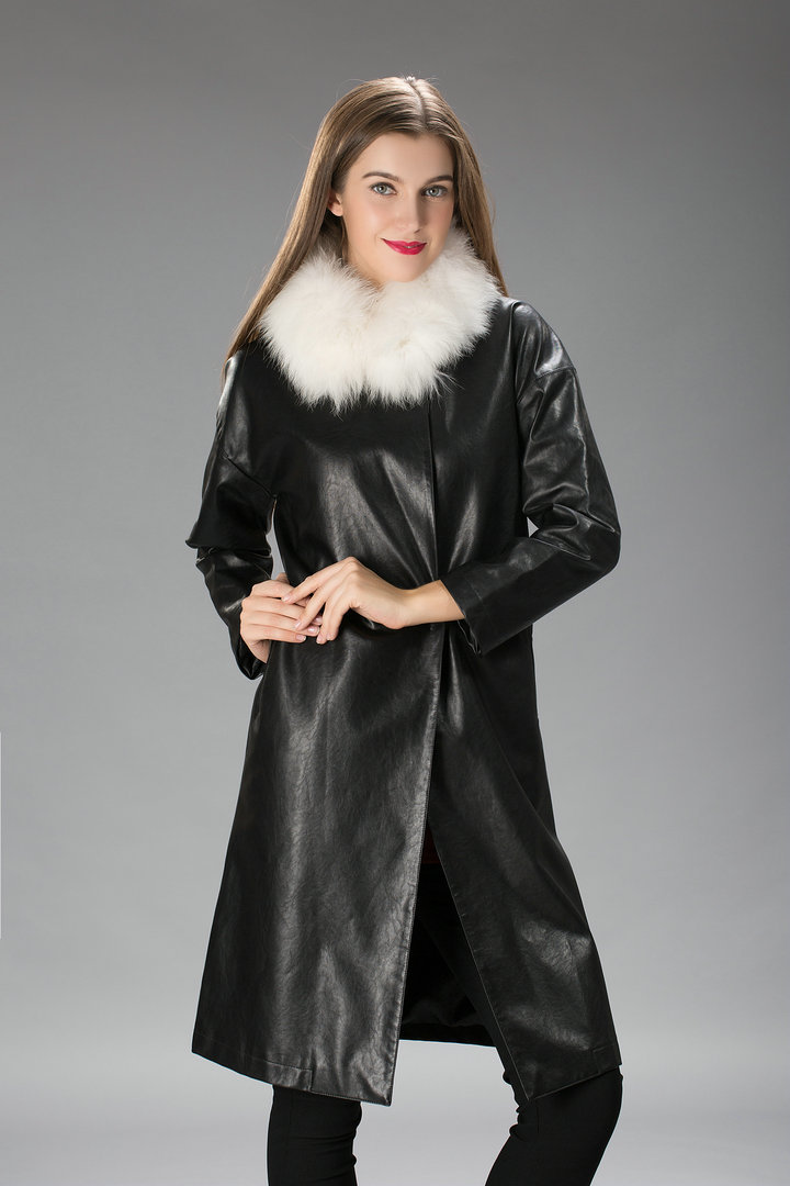网软服饰2015英伦范真貉子毛领洗水皮女风衣中长款修身大衣外套 黑色