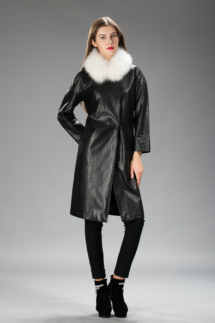 网软服饰2015英伦范真貉子毛领洗水皮女风衣中长款修身大衣外套 黑色