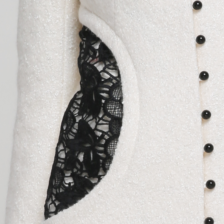 黑蝴蝶毛呢外套 蕾丝复古显瘦大衣 单排扣呢子外 女 白色搭配黑色精美