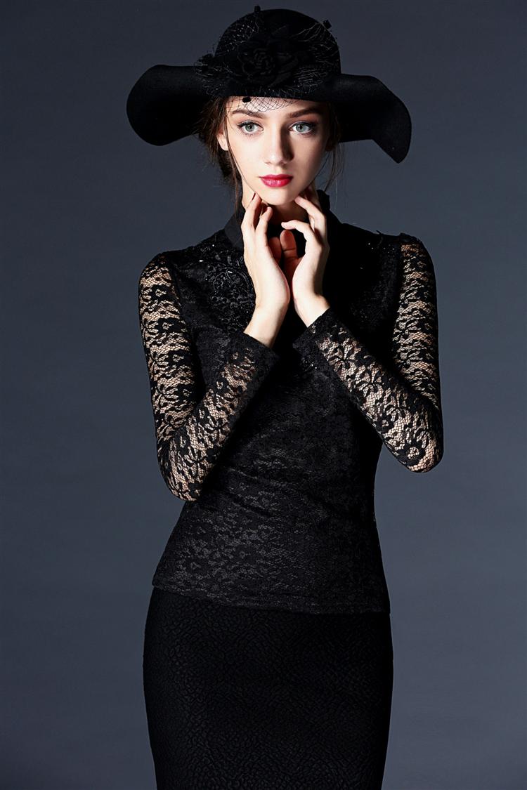 芮婕服装店*2015秋季名媛气质勾花镂空立领修身长袖蕾丝衫 黑色 xl