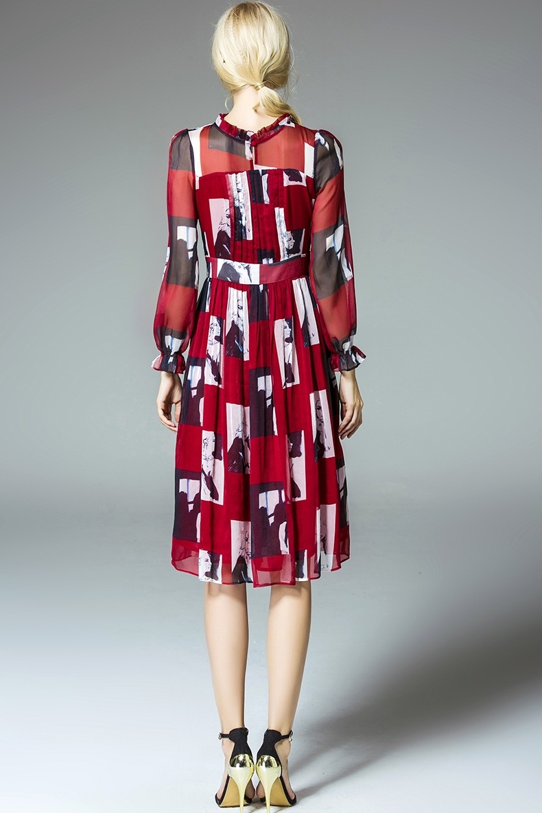 2016春季新品女装欧洲站欧美时尚摩登女郎印花高腰修身丝质连衣裙